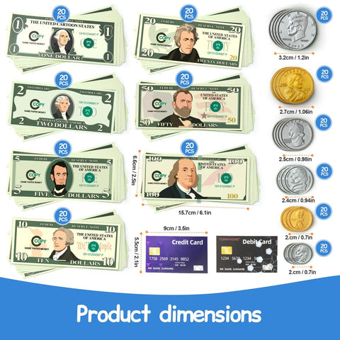 Kid Friendly Realistic Play Money Set With Bills And Coins, Hands On Math Manipulatives For Learning Addition, with product dimensions.