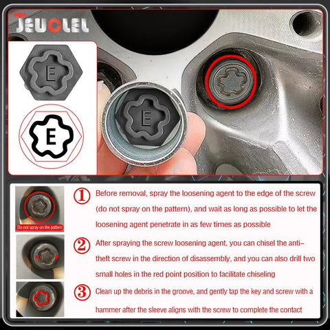 Guide for using 22 Piece Wheel Locking Nut Key Kit For Audi 2002 2012 with Universal Socket Adapters on a car wheel.