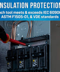 Insulated screwdriver testing circuit breaker, highlighting 11 Piece Insulated Tool Kit With Phillips 1, 2, And 3 Drivers, Red.
