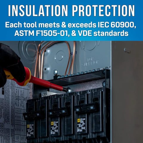 Insulated screwdriver testing circuit breaker, highlighting 11 Piece Insulated Tool Kit With Phillips 1, 2, And 3 Drivers, Red.