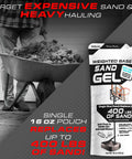 Sand Gel Weighted Base Filler for Indoor and Outdoor Basketball Hoops and Umbrella Bases pouch beside wheelbarrow of sand