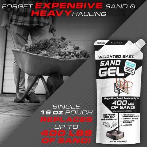Sand Gel Weighted Base Filler for Indoor and Outdoor Basketball Hoops and Umbrella Bases pouch beside wheelbarrow of sand