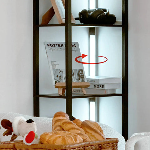 Fancy LED Display Shelf With Dimmable Lights, Modern Floor Lamp Cabinet showing collectibles and four adjustable LED poles