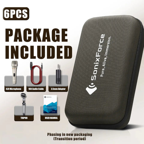 Package contents of Rugged Dynamic Vocal Microphone For Singing And Live Performance Cardioid Studio Mic including mic, cables, case.