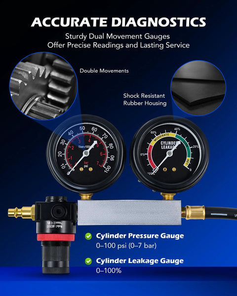 Orion Motor Tech automotive cylinder leak-down tester kit with dual gauges, brass fittings and hose