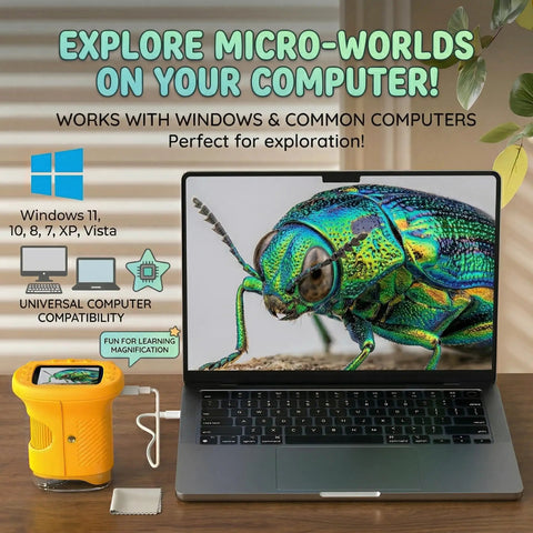 Laptop displaying insect close-up with Ultimate Pocket Microscope For Kids With 1000X Zoom, 2.4 Inch HD Screen beside it on desk.