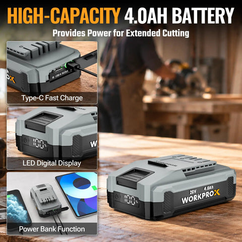 Tough As Nails Cordless Circular Saw Cuts Clean Like Butter On Wood And Tile Powered By 20V Brushless Motor And 4Ah Battery showing high-capacity 4.0Ah battery.