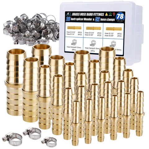 Brass Hose Barb Fittings Kit With 26Pcs Barb Splicer Mender Fittings And 52Pcs Stainless Steel Hose Clamps in box
