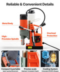 Velvet Soft Vevor 1400 Watt Portable Magnetic Drill Press With Two Inch Boring Diameter And Eight Hundred Rpm Adjustable Speed showing metal body and precise scale.