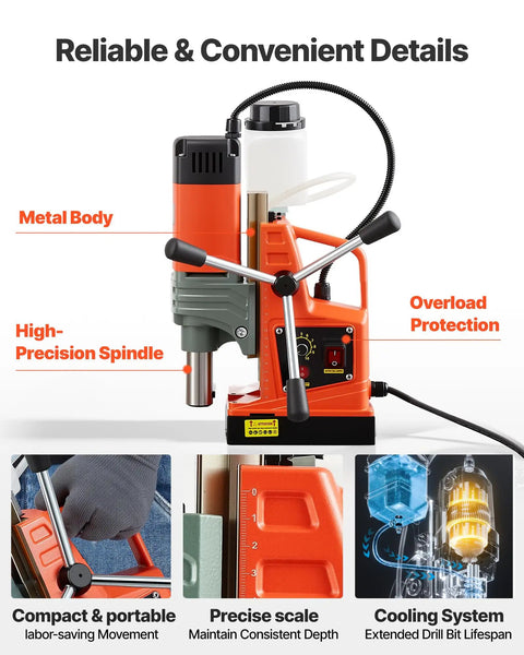 Velvet Soft Vevor 1400 Watt Portable Magnetic Drill Press With Two Inch Boring Diameter And Eight Hundred Rpm Adjustable Speed showing metal body and precise scale.