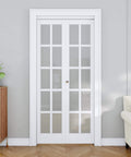 Space-Saving Bifold Doors For 36 By 80 Opening With Frosted Glass Panels And Concealed Hardware Kit French Interior Folding Closet Doors For Pantry Laundry Bedroom And Bathroom No-Fuss Install