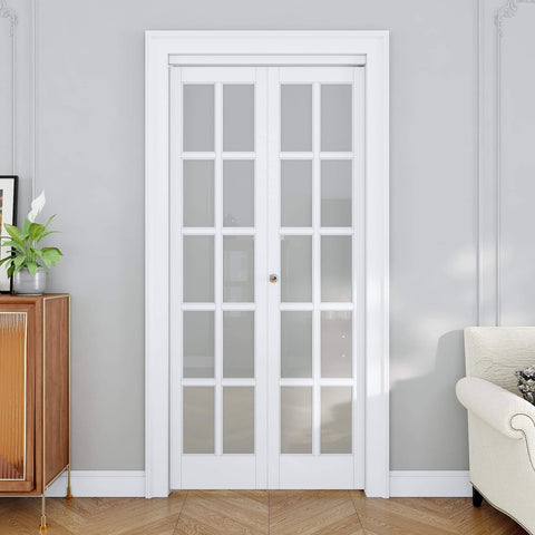 Space-Saving Bifold Doors For 36 By 80 Opening With Frosted Glass Panels And Concealed Hardware Kit French Interior Folding Closet Doors For Pantry Laundry Bedroom And Bathroom No-Fuss Install