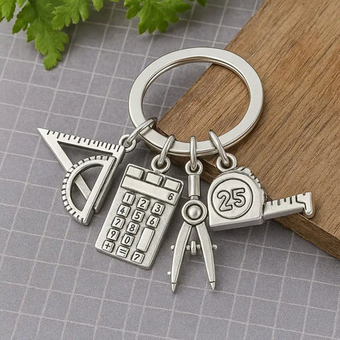 Engineer Keychain Set With Geometry Charm And Measuring Tools, Triangle Ruler Mini Calculator Compass And Tape Measure, Cool STEM Gift
