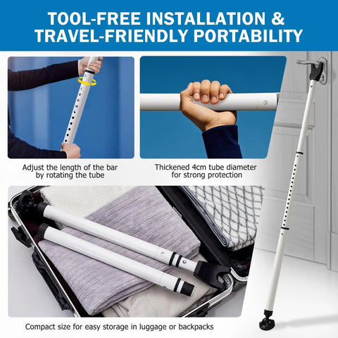 Heavy Duty Sliding Door Security Bar 23 To 47 Inch Adjustable With Anti Slip 360 Degree Base in suitcase and door installation