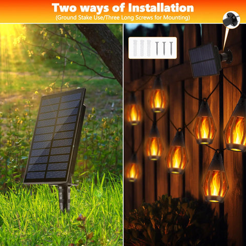 Solar Powered Flickering Flame String Lights For Outdoor Decor 50.7Ft Total Length 15 Warm White LED Bulbs Waterproof Garden
