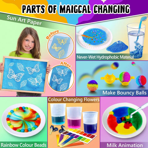 110 Hands On Science Experiments Kit For Kids A Super Fun Educational Chemistry And Physics Lab Set With Volcano Eruptions And Crystal Projects The Ultimate STEM Gift For Boys And Girls Birthday showing sun art paper, never-wet hydrophobic material, and other projects.
