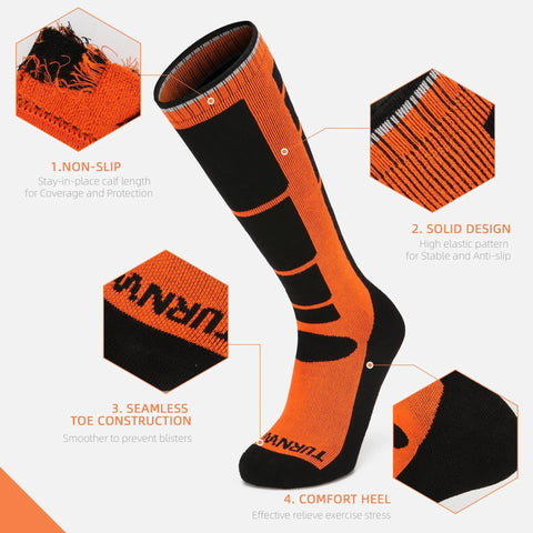 Two Pair Ski Socks 85 Percent Cotton Over The Calf OTC For Skiing Snowboarding And Winter Outdoor Activities, orange design