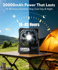 Portable 6 Inch Folding Fan With 20000mAh Battery Built-In Power Bank on camping table, glowing LED light, tent background
