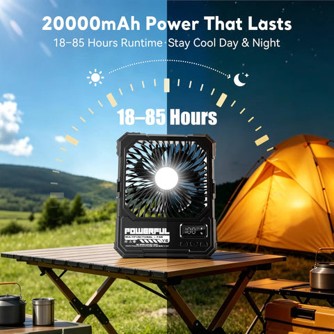 Portable 6 Inch Folding Fan With 20000mAh Battery Built-In Power Bank on camping table, glowing LED light, tent background