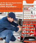 352 Piece Spring Band Hose Clamp Kit With 15 Sizes From 6 To 25 Mm in use by plumber under sink, kit open to show clamps
