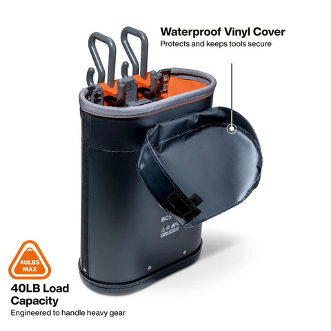 20 Inch Deep Oval Bucket Work Center With S Hook Compatibility, Heavy Duty Tool Organizer With Four Internal Dividers, Velcro Enclosure