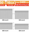Heavy Duty 16 Gauge Finish Nails 304 Stainless Steel 2400 Piece Assorted Kit showing nail sizes and counts.