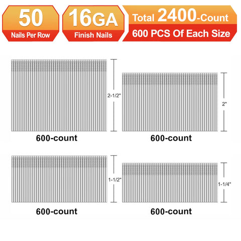 Heavy Duty 16 Gauge Finish Nails 304 Stainless Steel 2400 Piece Assorted Kit showing nail sizes and counts.