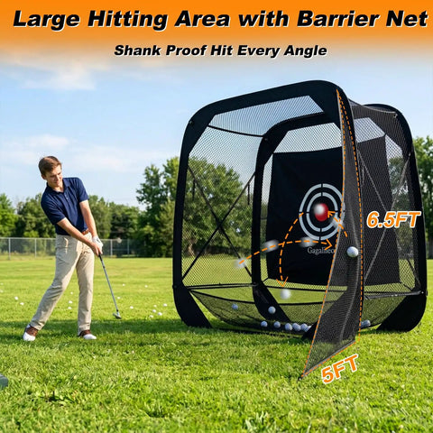 Golfer using Pop Up Golf Practice Net 7x7x4ft Hitting Cage With Target in backyard, ideal for training and practice.