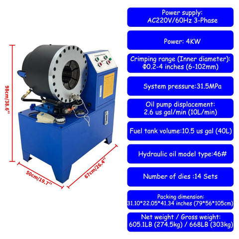 IntsuPimai 4Kw Electric Hydraulic Hose Crimper With 14 Dies For 0 2 To 4 Inch Tube Swaging Dual Control machine specifications view.