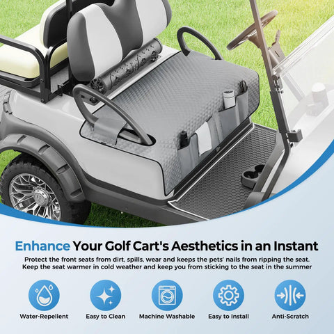 Ride Ready Golf Cart Seat Cover Towel Blanket With Armrest Strap And Pockets Universal Front Seats Fit For Club Car EZGO Yamaha And More All Season Protection Gray on golf cart with front pockets and armrest