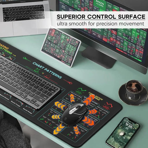Stock Market Day Trader Mouse Pad With Chart Patterns Cheat Sheet Extra Large Desk Mat 31.5 By 11.8 Inches With Stitched Edges Green Luck Theme For Quick Profitable Trades on desk setup