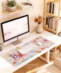 Pastel Pink Blue Floral Watercolor Desk Pad For Keyboard And Mouse Extended 31.5 Inch Wide Desk Mat With Non Slip Base Waterproof PU Leather on a desk setup
