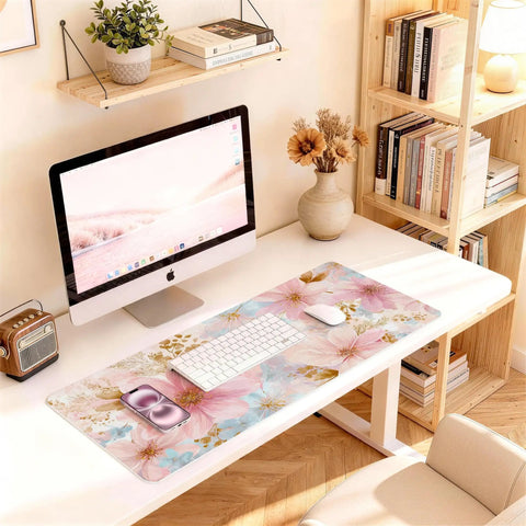 Pastel Pink Blue Floral Watercolor Desk Pad For Keyboard And Mouse Extended 31.5 Inch Wide Desk Mat With Non Slip Base Waterproof PU Leather on a desk setup