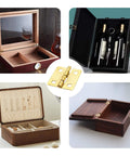 Gold Mini Hinges For Wooden Boxes 18x15mm 80Pcs With 320 Screws 180 Degree Folding Butt Hardware For Jewelry Boxes Crafts DIY Cabinets Dollhouses Antique Look displayed with various wooden boxes.