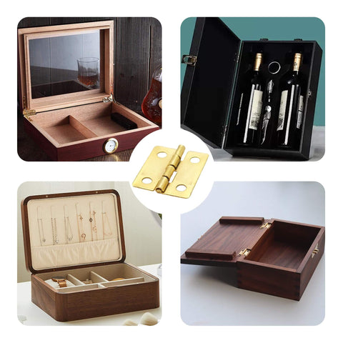 Gold Mini Hinges For Wooden Boxes 18x15mm 80Pcs With 320 Screws 180 Degree Folding Butt Hardware For Jewelry Boxes Crafts DIY Cabinets Dollhouses Antique Look displayed with various wooden boxes.
