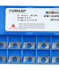 FOMASP carbide inserts case with 10 APMT1604PDER-M2 inserts in blue storage box, front view