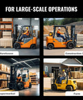 BestEquip 96-in steel forklift extensions, 5.5-in wide; heavy-duty pair on orange forklifts in warehouse and supermarket.