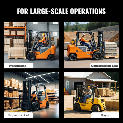 Forklift extensions for pallet forks, 96 in long; 4 forklifts shown in warehouse, construction site, supermarket, farm.