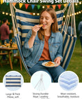 Chill Indoor Outdoor Hammock Chair Swing Set With Cushions And Pillows, 400 Lb Capacity Rope Chair In Soft Thick Cotton, Blue White Stripes