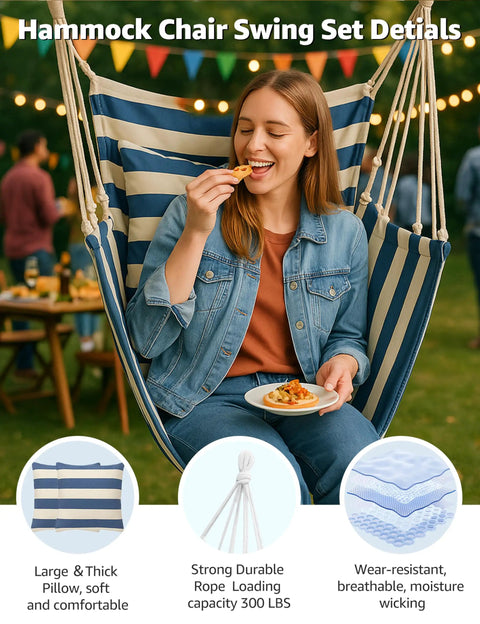 Chill Indoor Outdoor Hammock Chair Swing Set With Cushions And Pillows, 400 Lb Capacity Rope Chair In Soft Thick Cotton, Blue White Stripes
