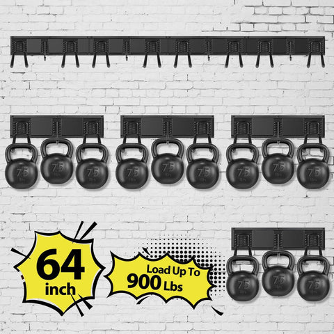 Wall Mounted Garage Tool Organizer Rack, 64 Inch Adjustable Heavy Duty Yard Tool Holder For Garden Tools, Shovels, Rakes And Power Tools, Holds Up To 900 lbs, Multi Purpose Tool Storage image showing rack with kettlebells