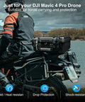 Biker carrying waterproof hard case with custom foam insert for DJI Mavic 4 Pro on motorcycle near lake, outdoor setting.