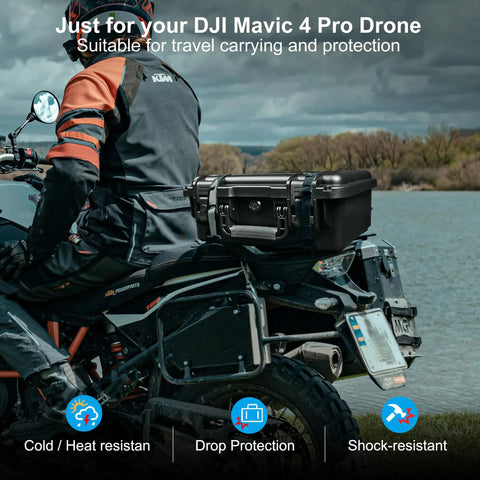 Biker carrying waterproof hard case with custom foam insert for DJI Mavic 4 Pro on motorcycle near lake, outdoor setting.