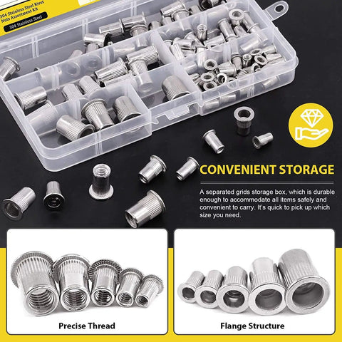 No Sweat 85 Piece Rivet Nuts Kit Featuring 304 Stainless Steel And Zinc Plated Threaded Inserts Built Tough For Automotive Fabrication Comes With A Durable Portable Storage Box For Hassle Free Setup Anytime
