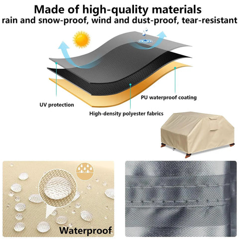 Waterproof layers, UV protection diagram alongside a khaki kids picnic table cover installed, showing durability and material.