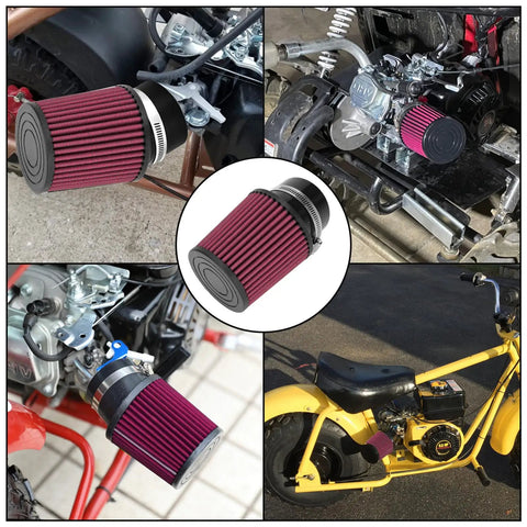 Collage of Beefed Up Air Filter Adapter Kit in red for Predator 212cc engines on mini bike and go-kart