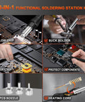Hot Air Rework Station With Soldering Capability And Airflow Adjustable Fast Warm Up In 3 To 5 Seconds Digital LED Display Desoldering Tool For BGA IC SOIC QFP PLCC And More For Hobbyists And Pros Up To 500 Degrees Celsius shown with interchangeable nozzles and heating core.