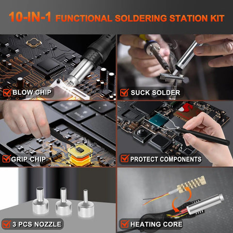 Hot Air Rework Station With Soldering Capability And Airflow Adjustable Fast Warm Up In 3 To 5 Seconds Digital LED Display Desoldering Tool For BGA IC SOIC QFP PLCC And More For Hobbyists And Pros Up To 500 Degrees Celsius shown with interchangeable nozzles and heating core.