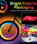 Bright colorful packaging of Color Changing LED Bike Spoke Lights 2 Pack for Night Riding Wheel Rim Lights for Kids and Adults Bicycle Accessory That Dazzles and Increases Visibility Easy Setup Glow Spokes for Evening Rides displayed with glowing wheel and product box.