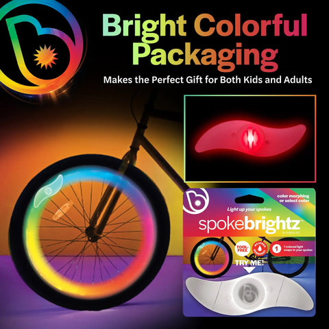 Bright colorful packaging of Color Changing LED Bike Spoke Lights 2 Pack for Night Riding Wheel Rim Lights for Kids and Adults Bicycle Accessory That Dazzles and Increases Visibility Easy Setup Glow Spokes for Evening Rides displayed with glowing wheel and product box.
